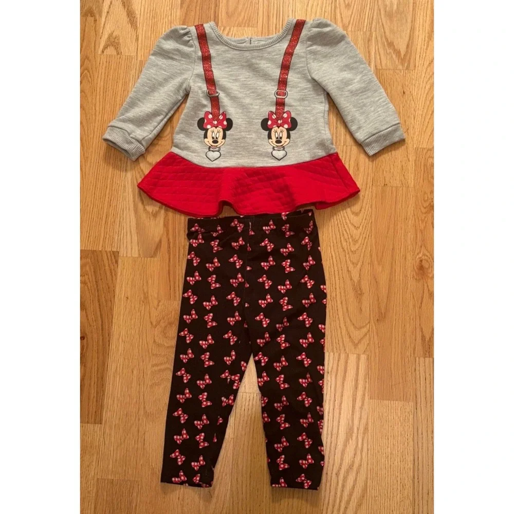 Disney Baby Minnie Mouse 2-Piece Outfit Size 18M Gray & Red Peplum Top + Bow EUC
